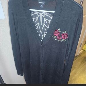 Torrid Black Cardigan with Red Rose And White Skull Detail